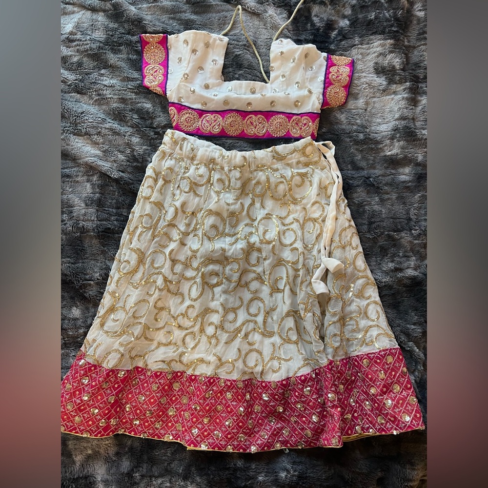 Traditional White and Pink Embroidered Dress